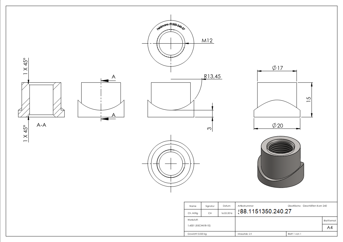 Einschweissmuffe fuer Torband M12 - 26-9mm-88-1151350-240.27