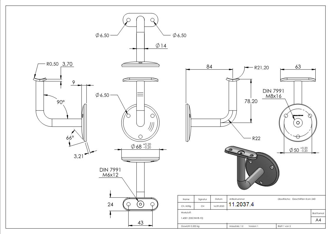 Handlaufhalter mit Ronde 70x5 mm und Halteplatte fuer Ø 42-4 mm V2A-11-2037.4