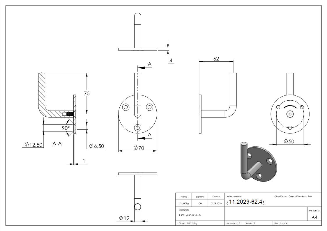 Handlaufhalter mit Ronde 70x4 mm zum Anschweissen V2A-11-2029-62.4