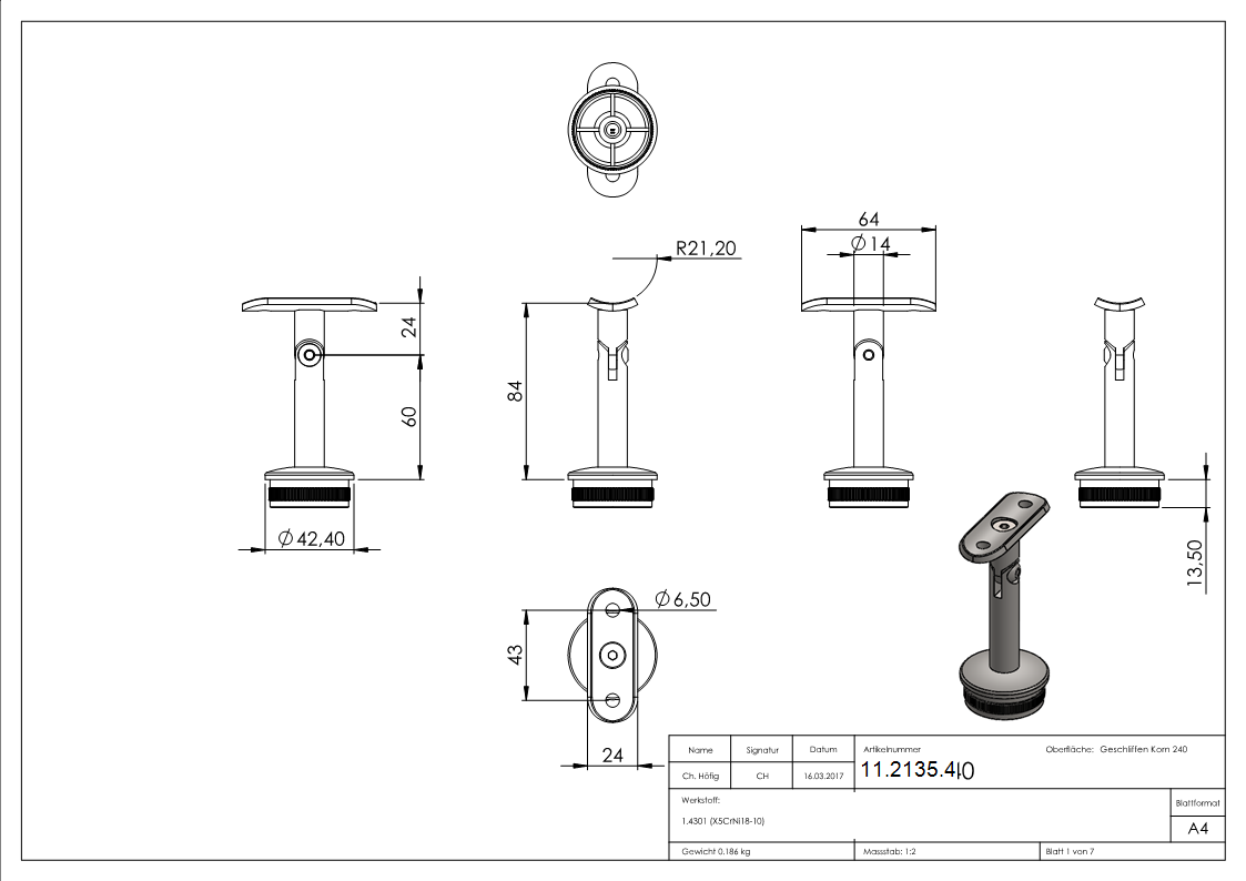Komplett Set mit Stopfen fuer Rundrohr Ø 42-4x2 mm V2A-11-2135.4
