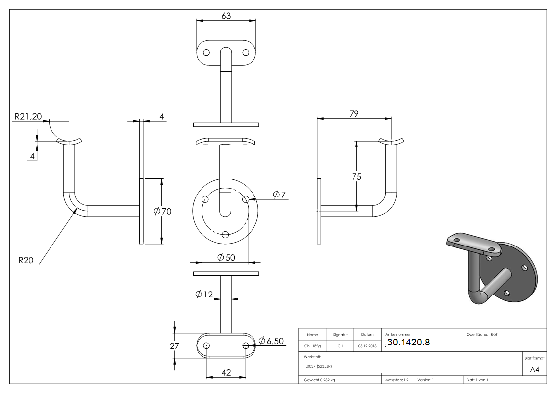 Handlaufhalter - mit Ronde 70x4 mm - fuer Rohr Ø 42-4mm 3 - Stahl S235JR- roh-30-1420.8