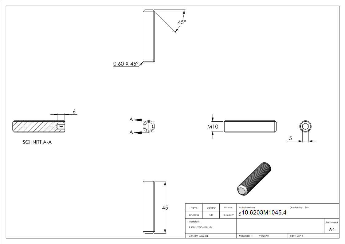 Gewindestift V2A M10x45 DIN 913 - ISO 4026-10-6203M1045.4