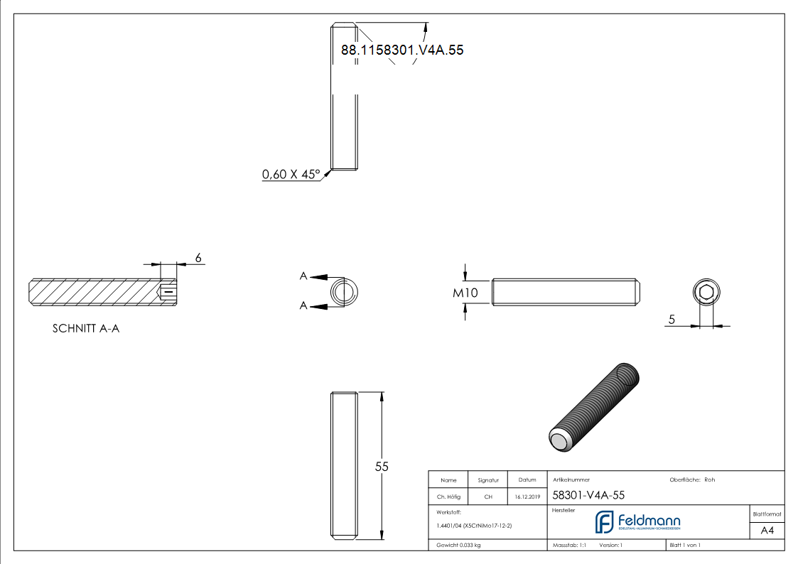 Gewindestift V4A M10x55 DIN 913 ISO 4026 Innensechskant Kegelkuppe-88-1158301-V4A.55