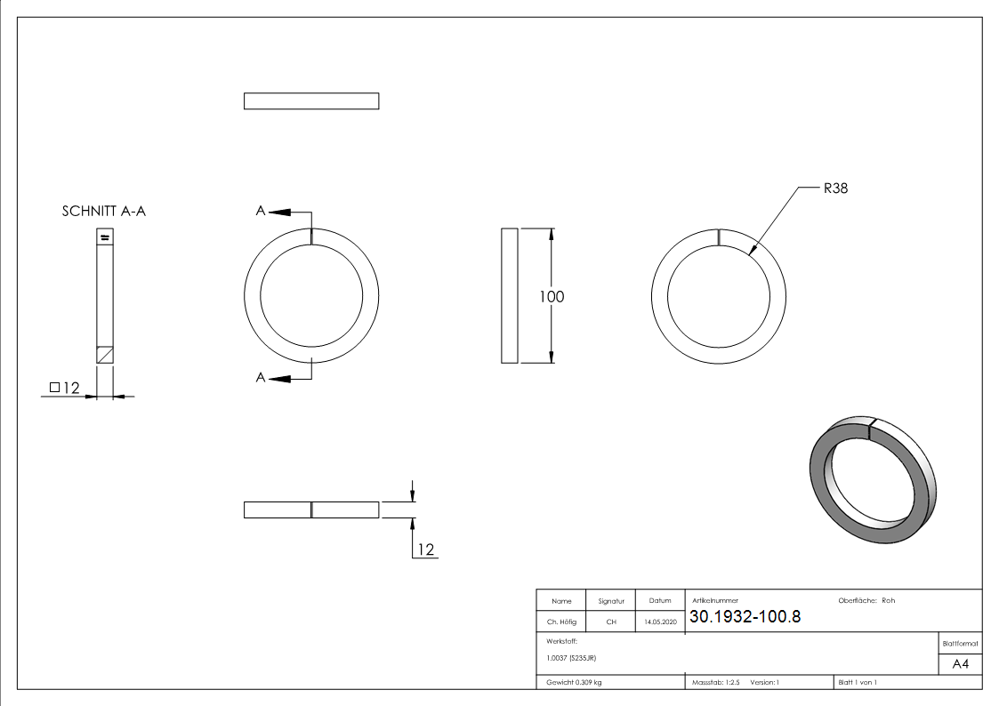 Ring - Material- 12x12 mm - Aussen-Ø 100 mm - Stahl S235JR- roh-30-1932-100.8