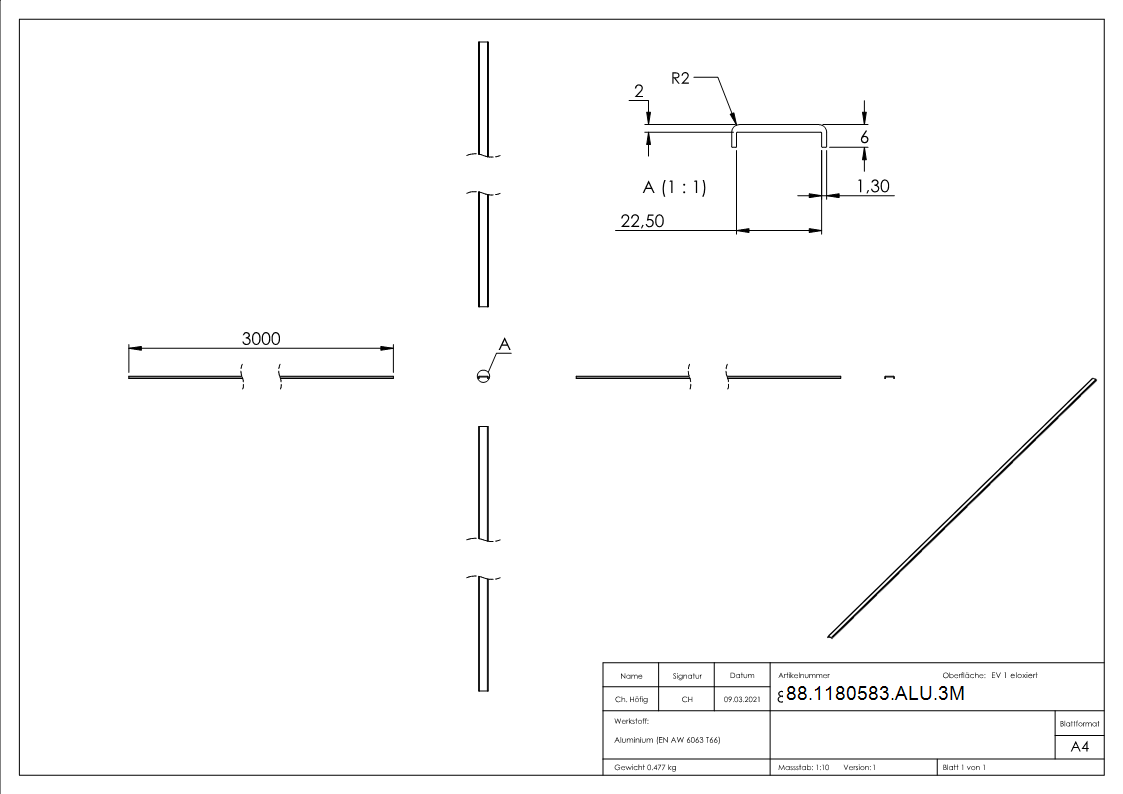 Kantenschutz EXTRA SLIM- fuer Glas 20-00 - 21-52mm- L=3m- Aluminium E4-EV1-88-1180583-ALU.3M