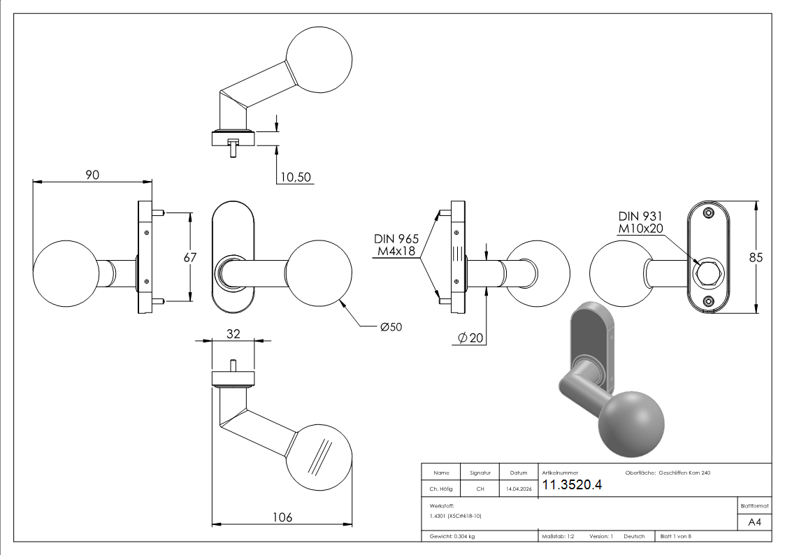 Drueckerknopf Edelstahl V2A Ø 50 mm fest gekroepft ausser Mitte-11-3520.4
