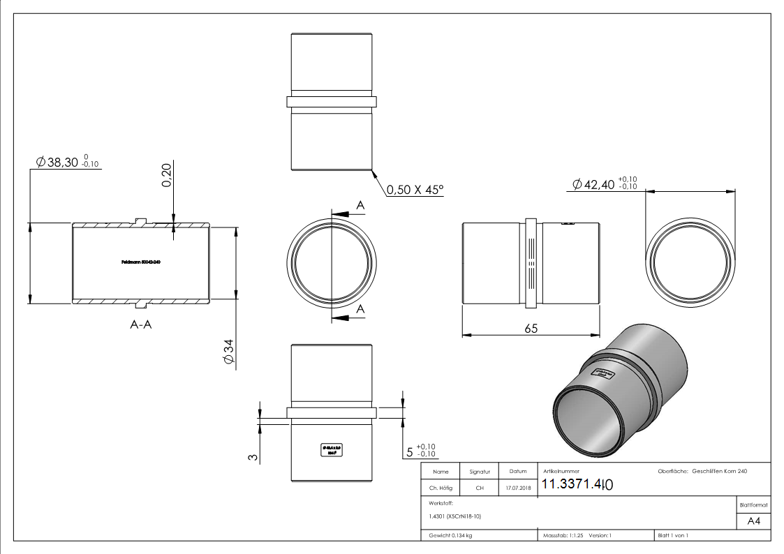 Verbinder fuer Rundrohr - Masse- Ø 42-4x2-0 mm - V2A-11-3371.4