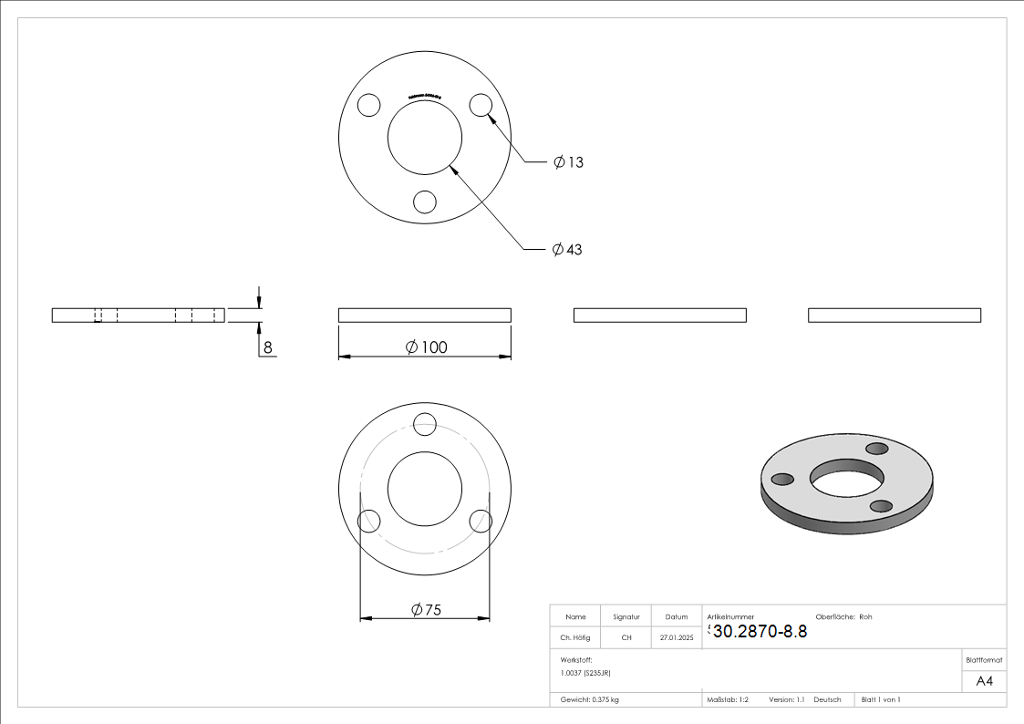 Ankerplatte 100x8 mm 4 Bohrungen -  Stahl roh-30-2870-8.8