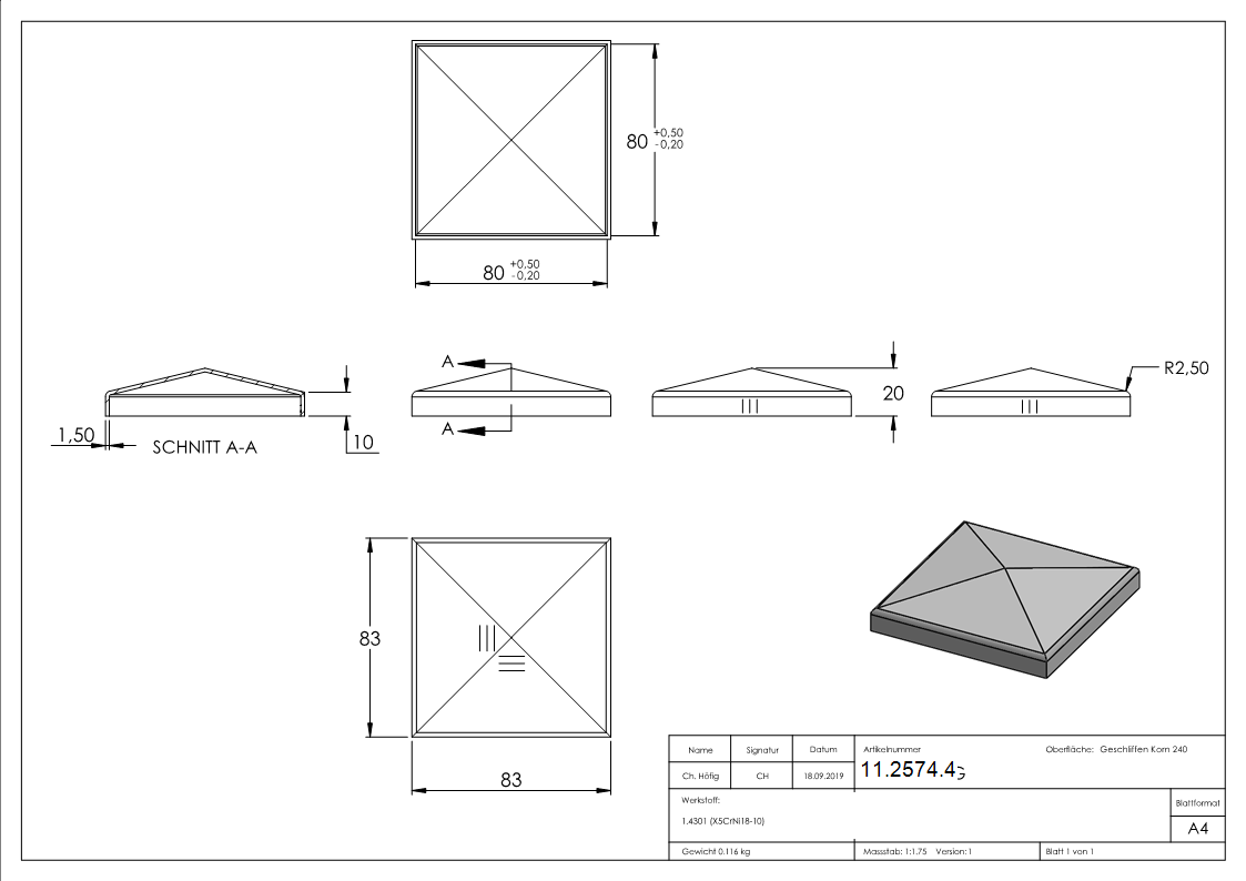 Pfostenkappe Edelstahl fuer Vierkantrohr- 80x80 mm geschliffen V2A-11-2574.4
