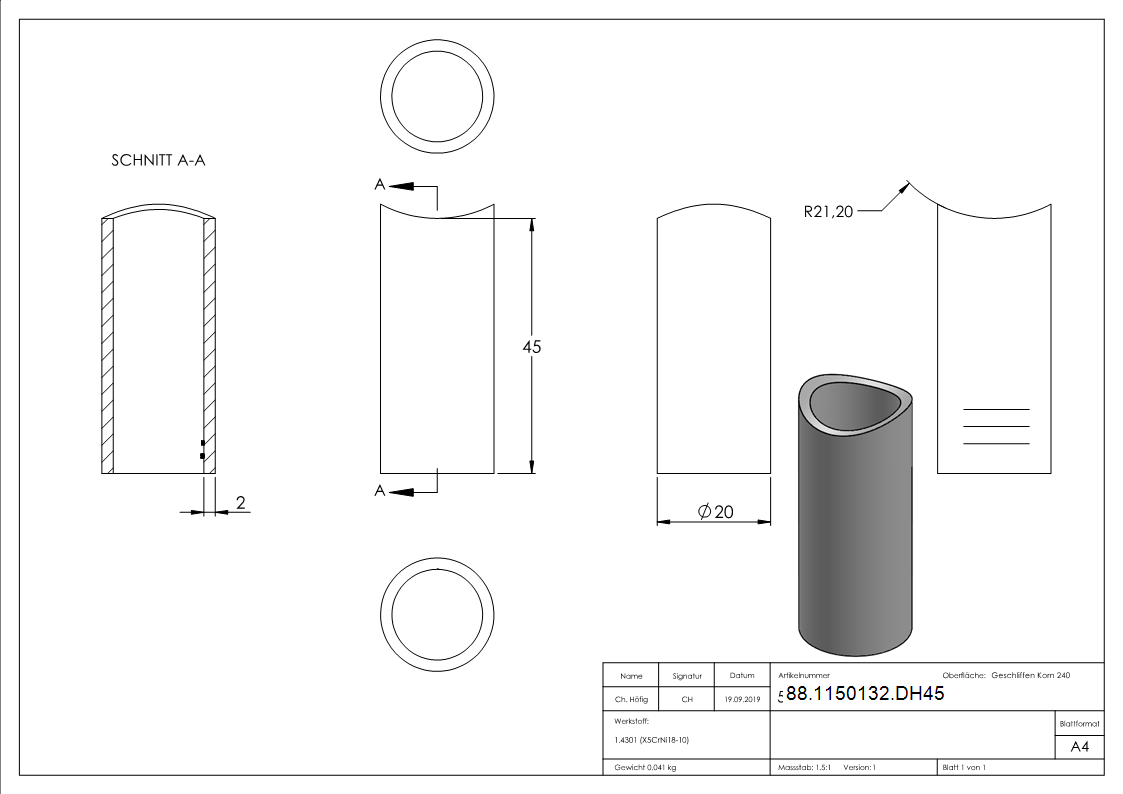 Distanzhuelse Edelstahl V2A L = 45 mm fuer Rohr Ø 42-4 mm einseitig ausgefraest-88-1150132.DH45