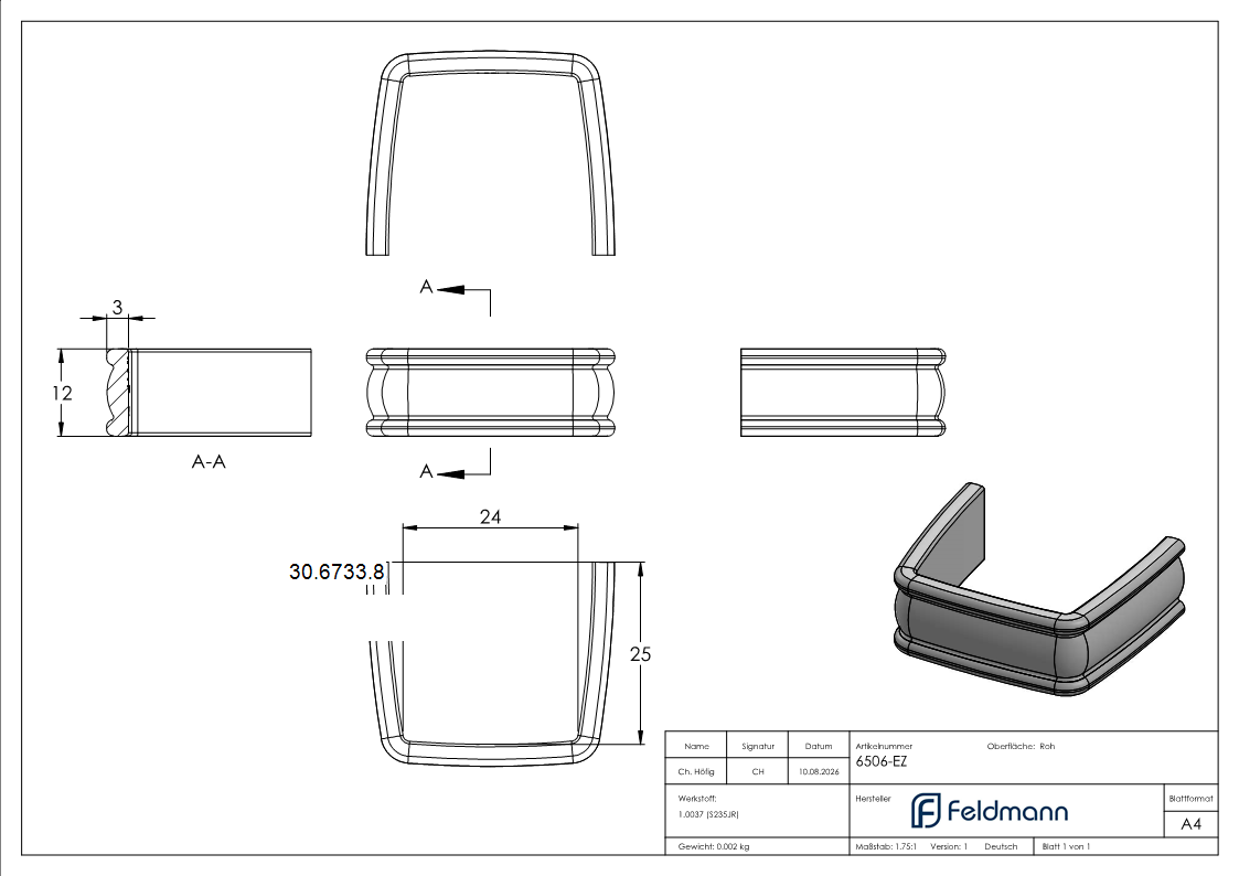 Bund - 1 Stueck - Material- 12x3 mm - Innenmass- 24x25 mm - Stahl -Roh- S235JR-30-6733.8