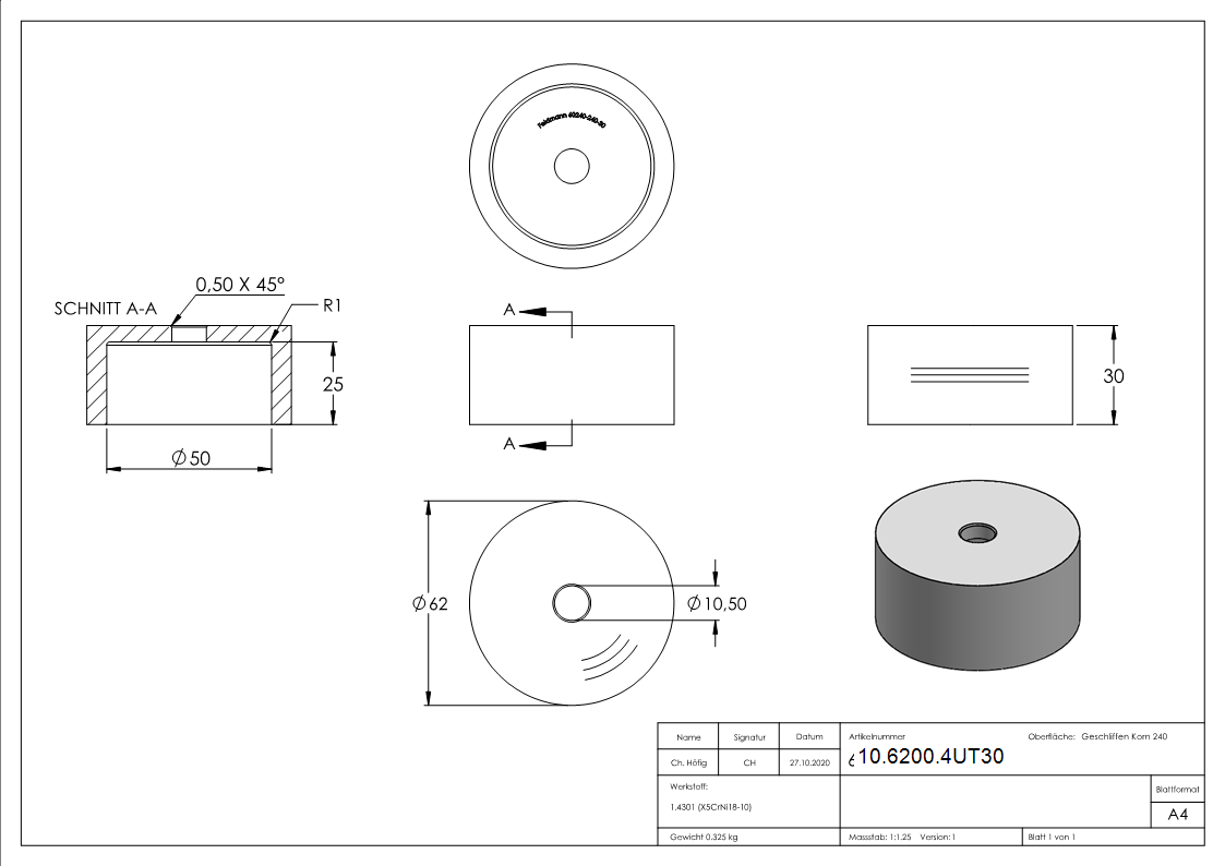 Glaspunkthalter-Unterteil Ø 62 mm- V2A- Hoehe- 30 mm-10-6200.4UT30