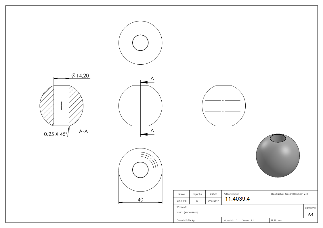 Kugel - Ø 40 mm - mit Durchgangsbohrung- 14-2 mm - V2A-11-4039.4