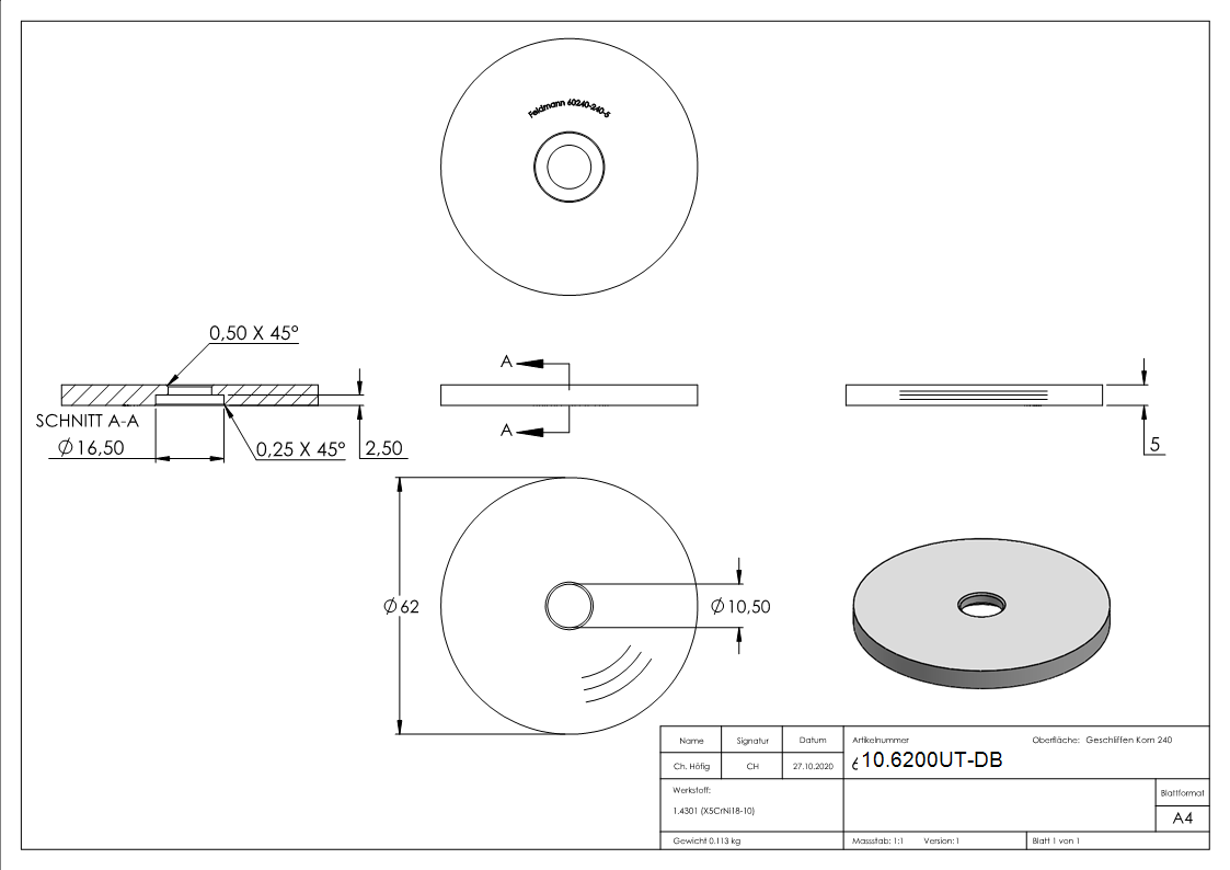 Glaspunkthalter-Unterteil Ø 62 mm- V2A-  Hoehe- 5 mm-10-6200.4UT5