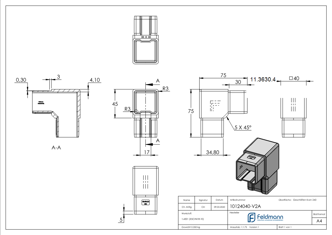 Steckverbinder V2A fuer Rohr 40 x 40 x 2 mm 90°-11-3630.4