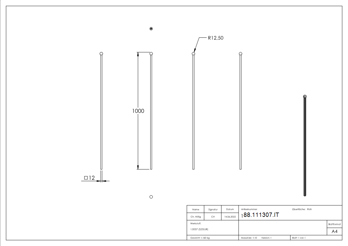 Zaunstab Stahl roh 12 x 12 mm L = 1000 mm mit Kugel Ø 25 mm-88-111307.IT