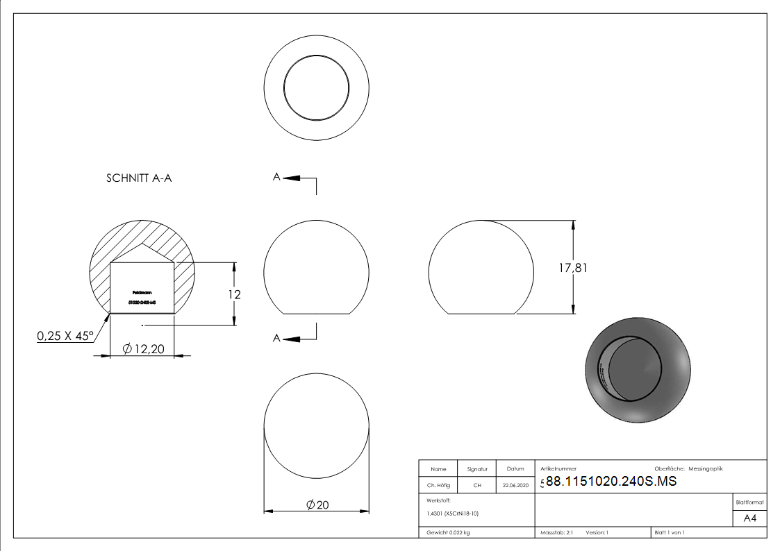 Messingkugel Edelstahl V2A Messing beschichtet Ø 20 mm mit Sackloch 12-2 mm-88-1151020-240S.MS