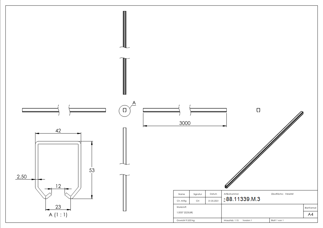 Laufschiene fuer Haengetore- gross- Laenge 3000mm-88-11339-M.3
