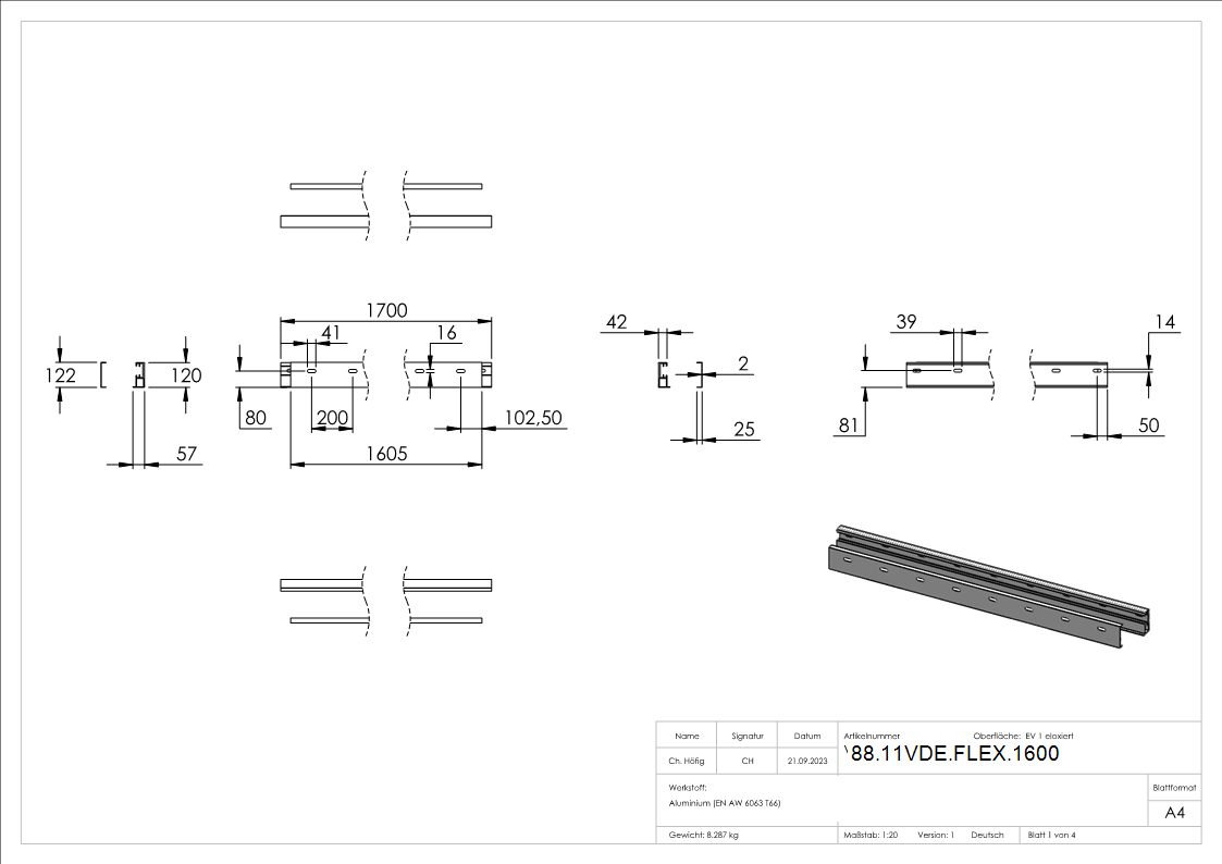 FLEX-MOUNT PRO Profil-Set fuer eleganza canopy Vordach 1600-88-11VDE-FLEX.1600