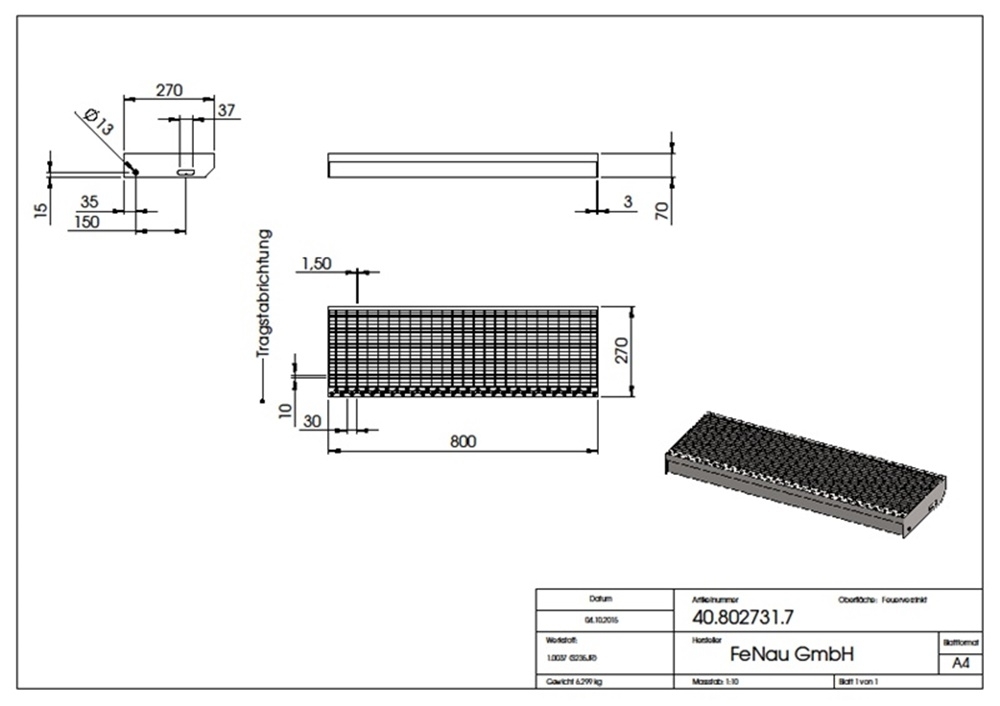 Gitterroststufe Treppenstufe Masse- 800x270 mm 30-10 mm S235JR -St37-2- im Vollbad feuerverzinkt-40-802731.7