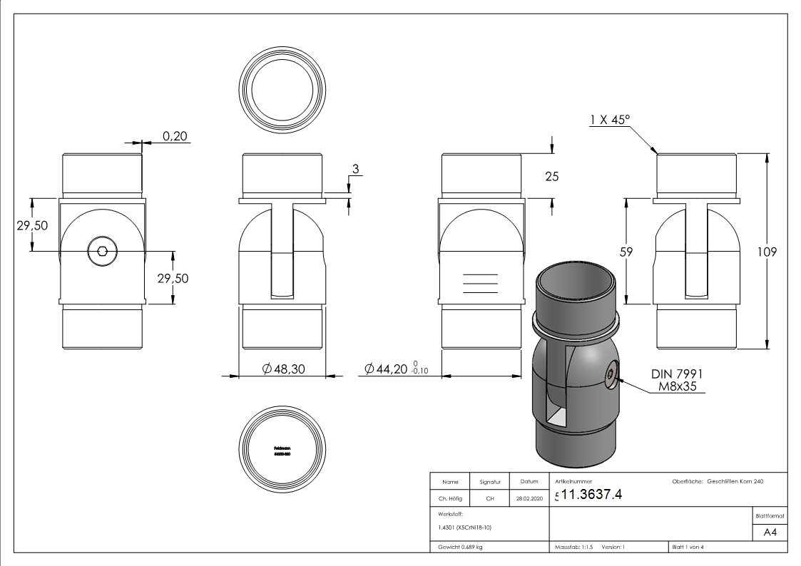 Gelenkstueck fuer Rundrohr Ø 48-3x2-0 mm V2A-11-3637.4