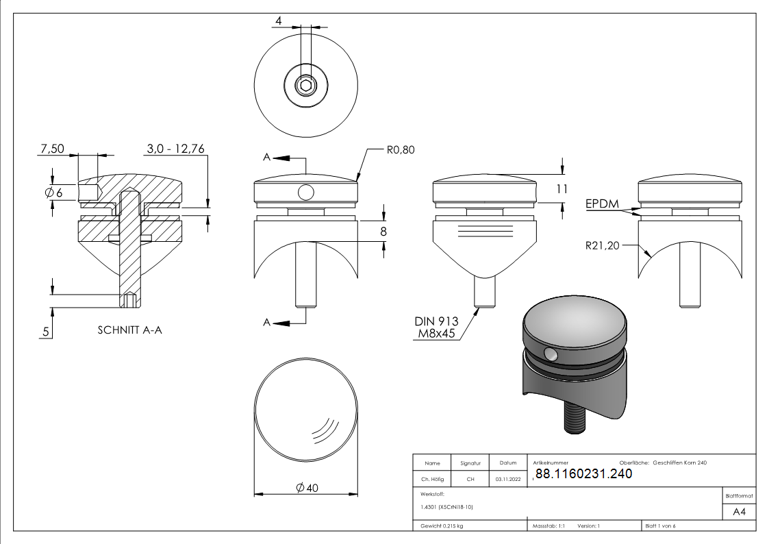 Glaspunkthalter Ø 40 mm- V2A- Anschluss- Rohr Ø 42-4 mm-88-1160231.240