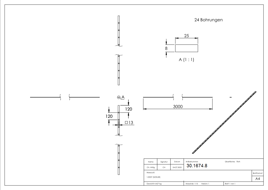 Flacheisen - gelocht - Laenge- 3000 mm - Material 25x8 mm - Stahl S235JR- roh-30-1674.8