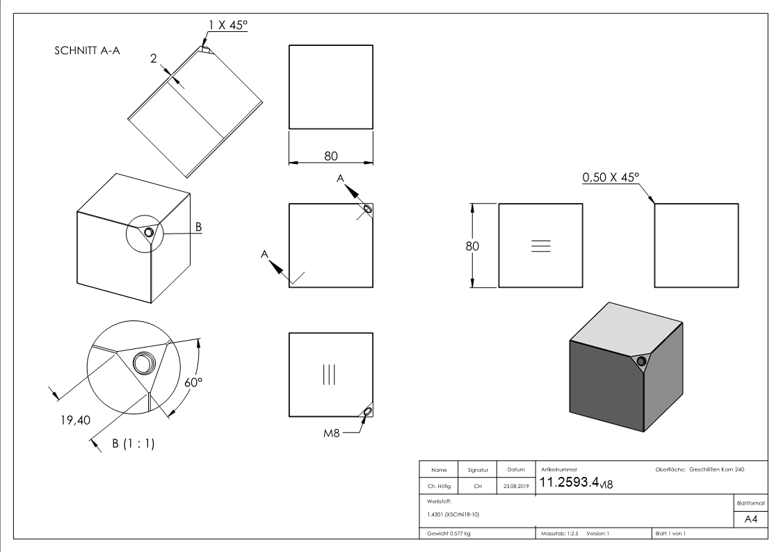Wuerfel 80x80 mm mit Gewinde M8 V2A-11-2593.4