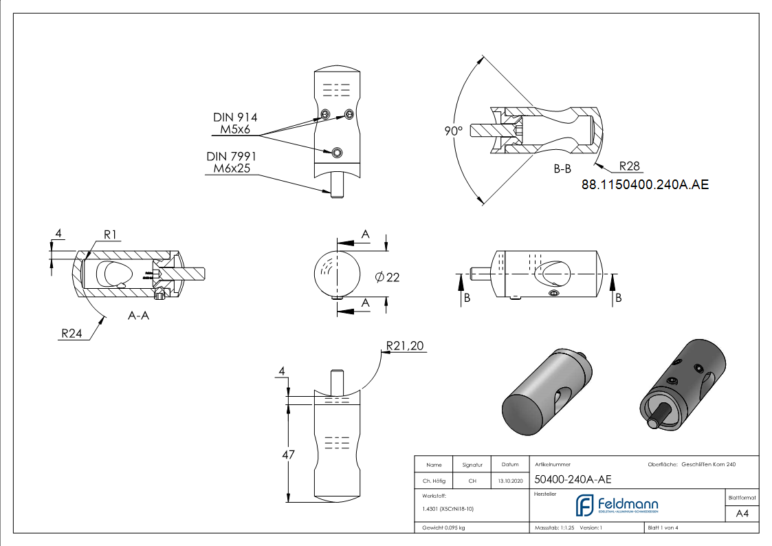 Querstabhalter V2A Edelstahl – 90° Aussenecke fuer Anschluss 42-4 mm passend fuer Rundstaebe 12 mm inkl- Maden- - Befestigungsschrauben-88-1150400-240A.AE