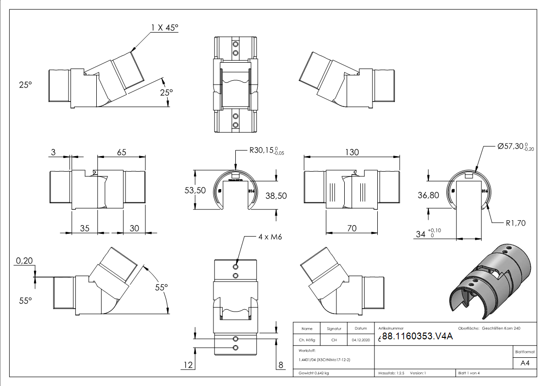 Verbinder flex- fuer Nutrohr 60-3 x 1-5mm- V4A-88-1160353.V4A