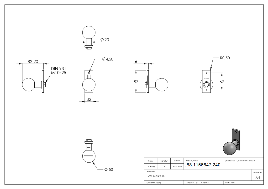 Tuerknopf Edelstahl V2A Ø 50 mm geschliffen mit Kurzschild feststehend-88-1156647.240