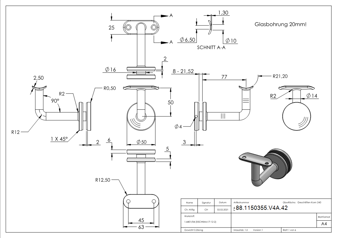 Handlaufhalter fuer Glas- Halteplatte 42-4mm- V4A-88-1150355-V4A.42