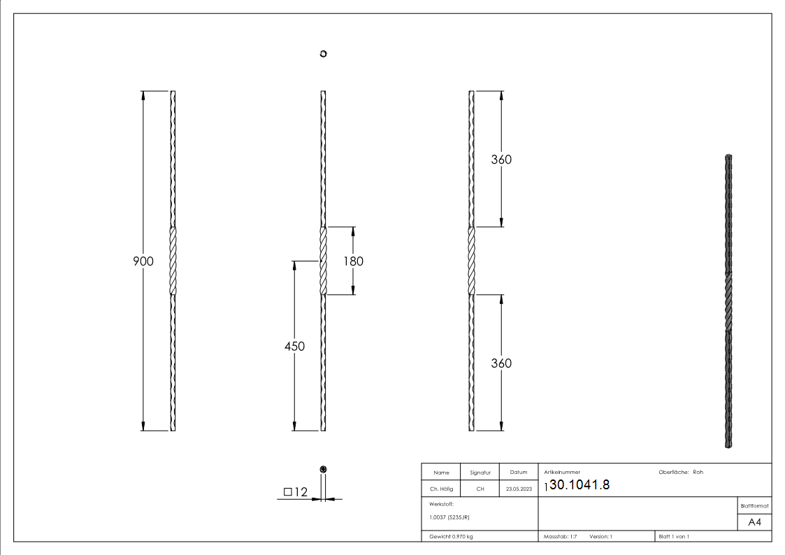 Zwischenstab - Laenge- 900 mm - Material- 12x12 mm - gehaemmert - Stahl S235JR- roh-30-1041.8