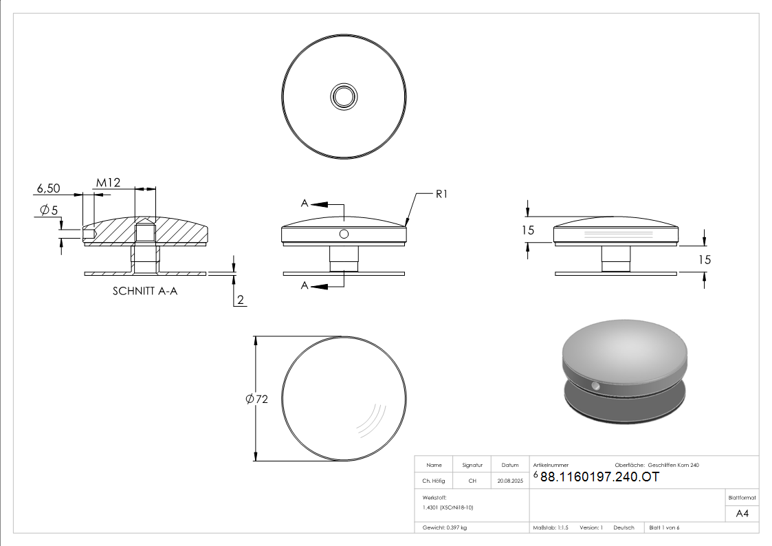 Glaspunkthalter-Oberteil Ø 72 mm- V2A-88-1160197-240.OT