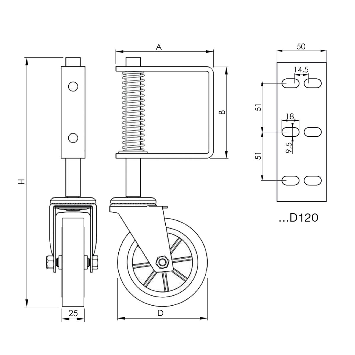 Torrolle gefedert Stahl verzinkt  123 mm Gesamthhe 355 mm-89-11HPK01D120-A.4