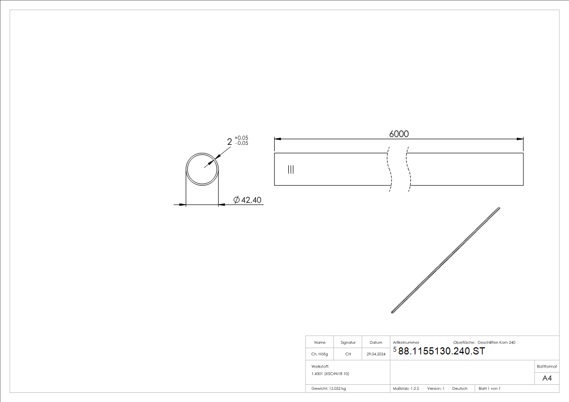 Edelstahlrohr Edelstahl V2A Ø 42-4 x 2-0 mm L = 6000 mm geschliffen Korn 240-88-1155130-240.ST
