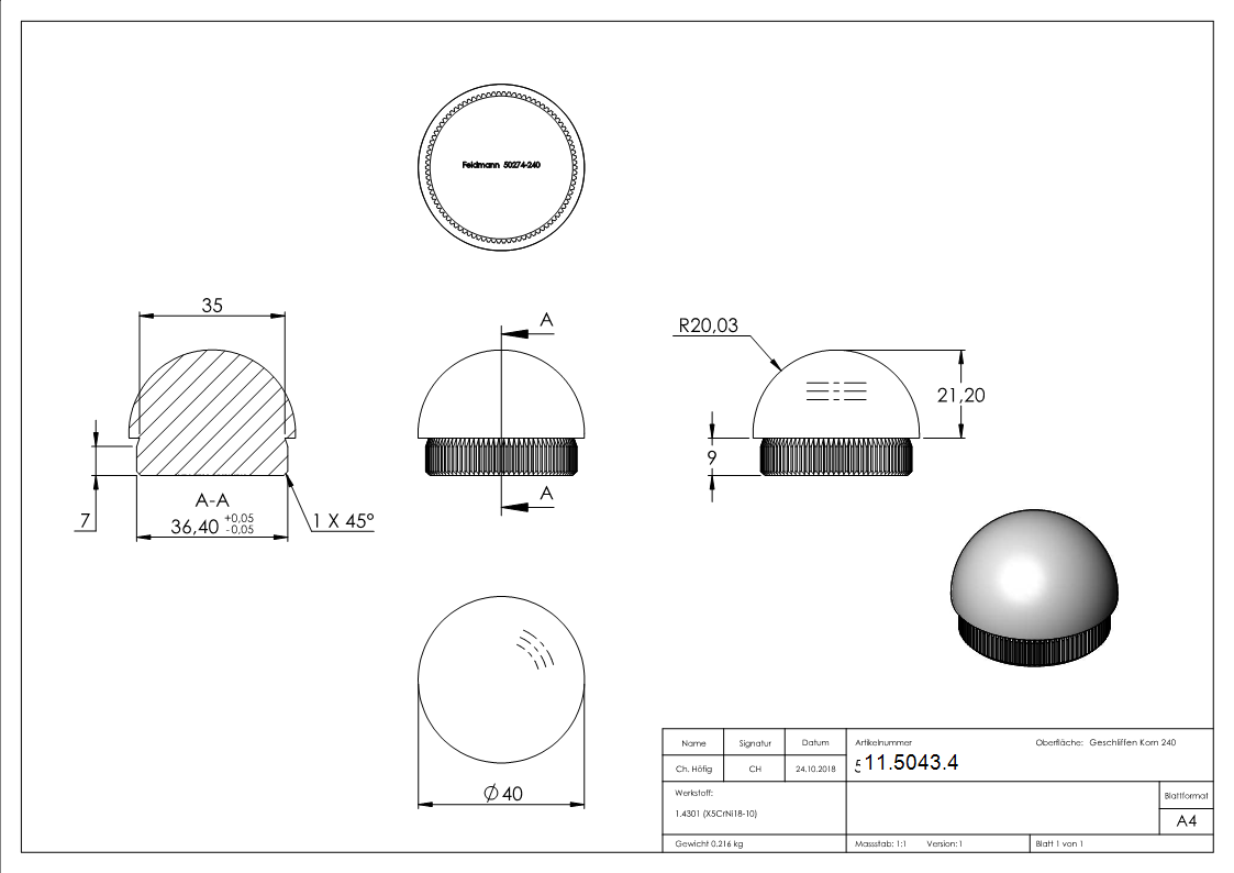 Rohrstopfen fuer Ø 40-0x2-0 mm halbrund zum Einschlagen V2A-11-5043.4