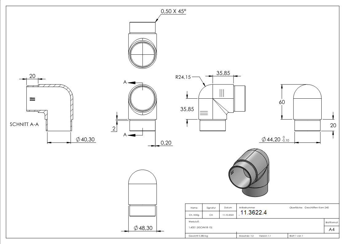Rohrbogen V2A fuer Rohr Ø 48-3 x 2-0 mm 90° eng zum Stecken-11-3622.4