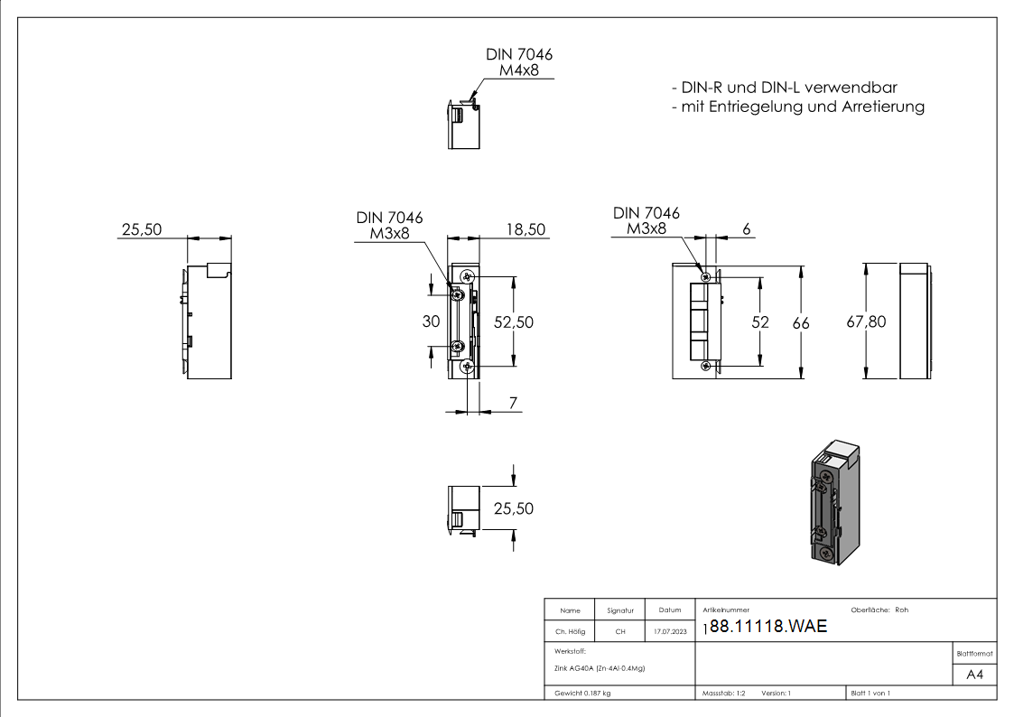 Elektrischer Tueroeffner- mit Entriegelung und Arret-88-11118.WAE