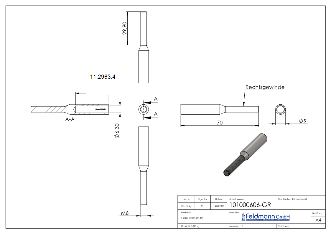 Gewindeterminal mit Aussengewinde - Rechtsgewinde - Fuer Seil von Ø 6 mm -V2A-11-2963.4