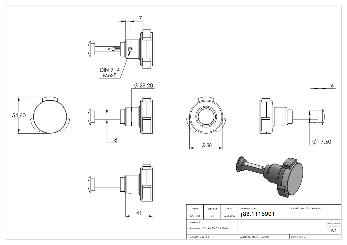 Sicherheitsknauf Aluminium mit 8x8 mm Drueckerstift einzeln-88.1115901