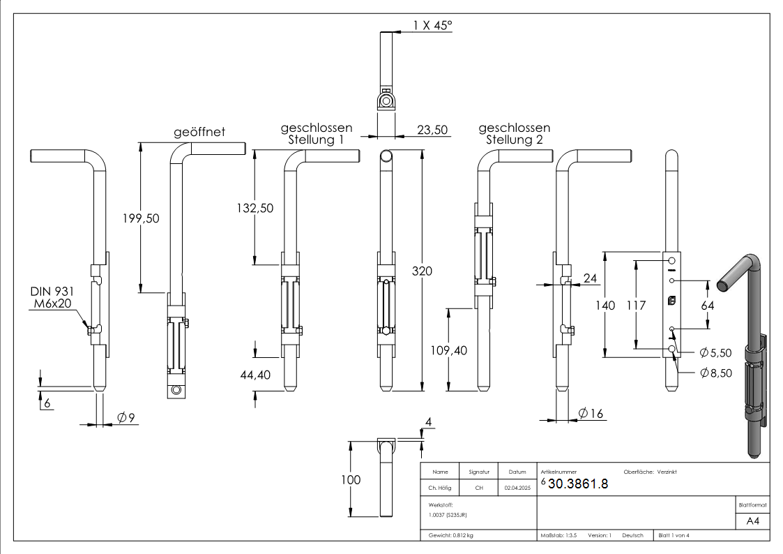 Bodenschieber - Torriegel - Laenge- 300 mm - verzinkt - zum Anschrauben-30-3861.8