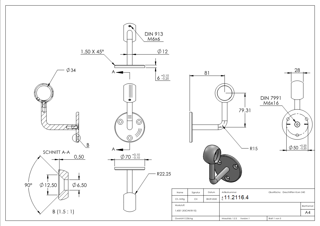 Handlaufhalter mit Kugelring fuer Rundrohr Ø 33-7 mm V2A-11-2116.4