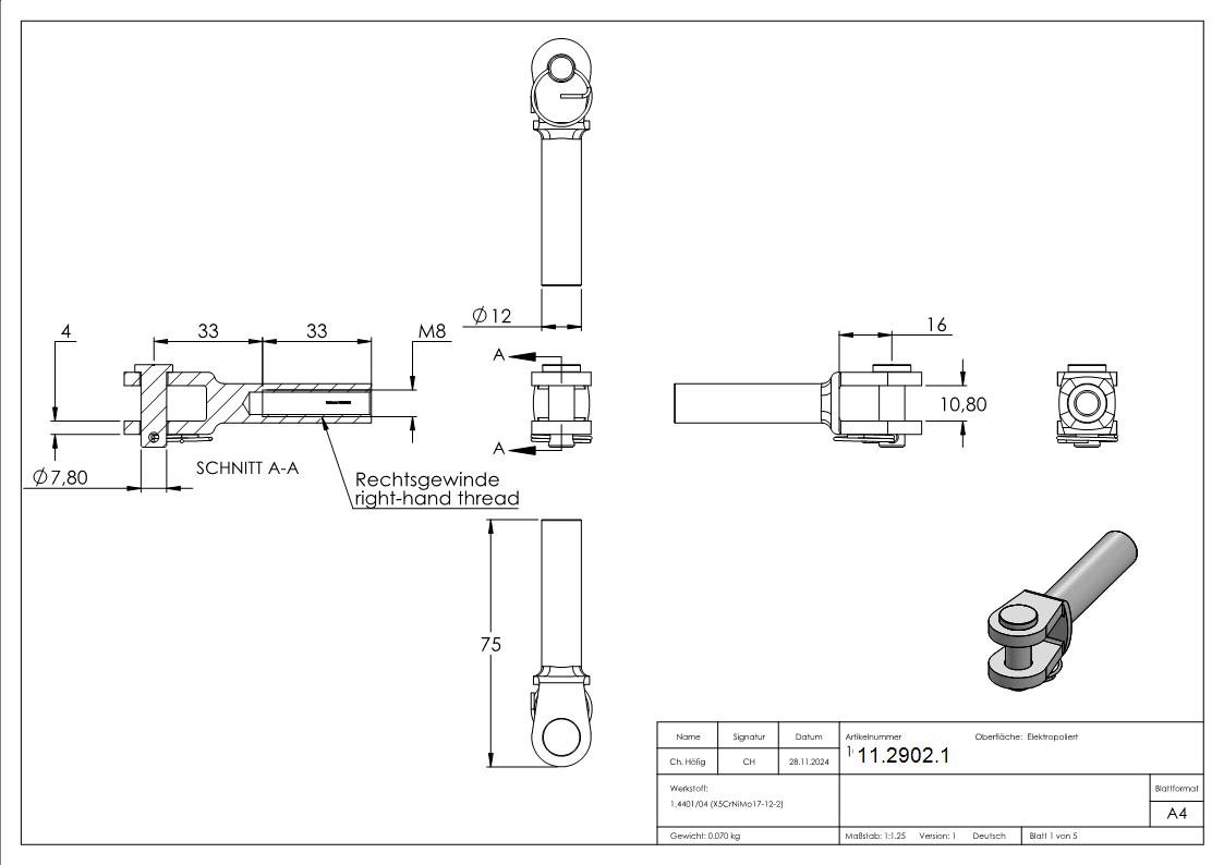 Gabelterminal mit Innengewinde rechts M8 V4A-11-2902.1