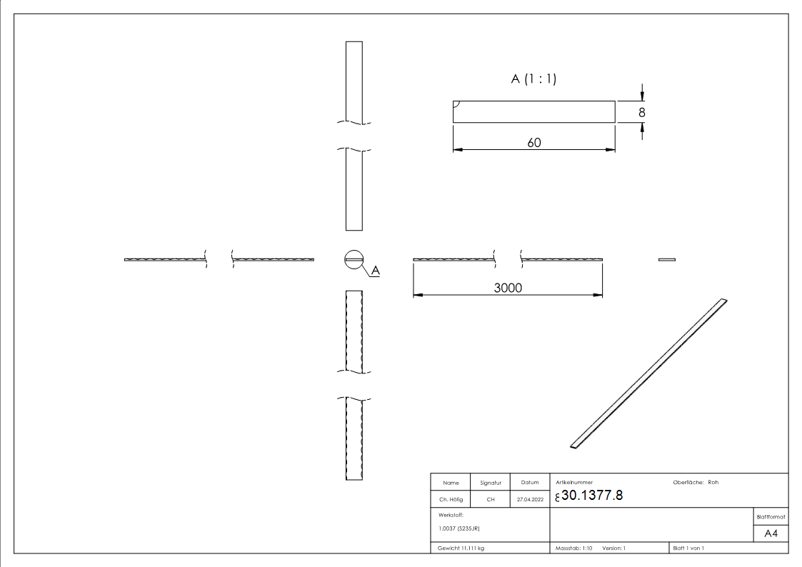 Flacheisen 60x8 mm Breitflachstahl 3m S235JR roh fuer Metallbau-30-1377.8