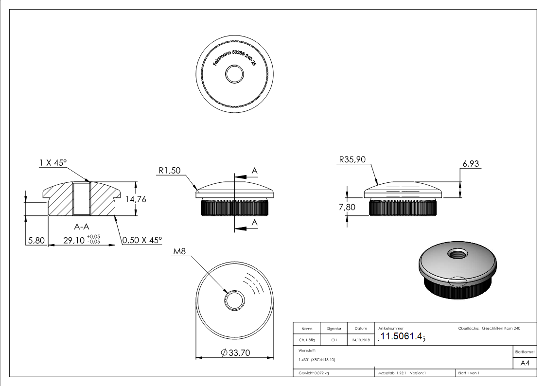 Einsteckkappe Edelstahl V2A fuer Rohr Ø 33-7 x 2-5 mm- M8 Gewinde- gewoelbt-11-5061.4