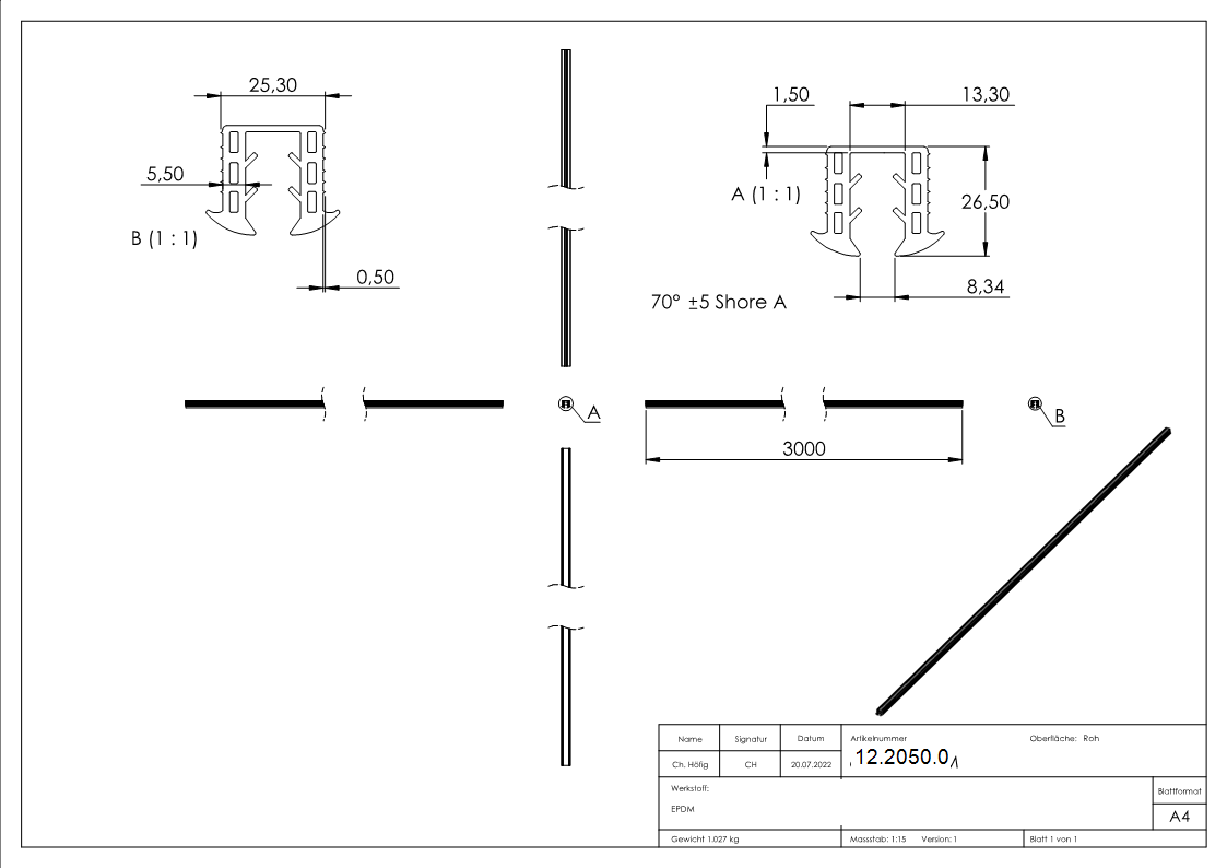 Gummieinlage - fuer Glas- 8-00-10-76 mm - fuer Nut- 24x24 mm - Laenge- 3000 mm - Kautschuk-12-2050.0