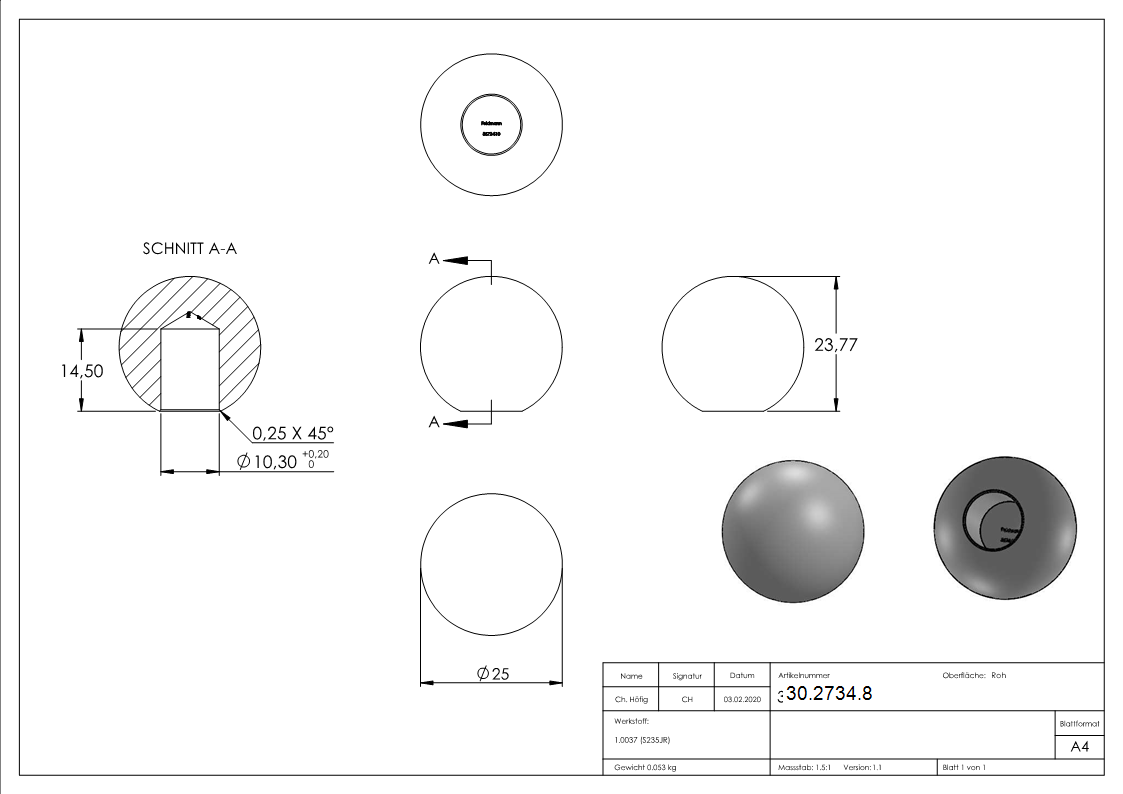 Kugel Ø 25 mm - mit Sackloch 10-2 mm - Stahl S235JR- roh-30-2734.8