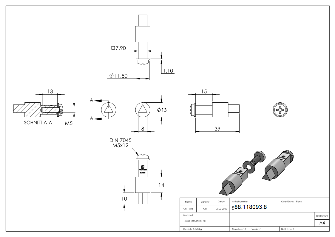 Spezialstift mit Dreikant 8mm - AMF Artikel- 16584-88-118093.8