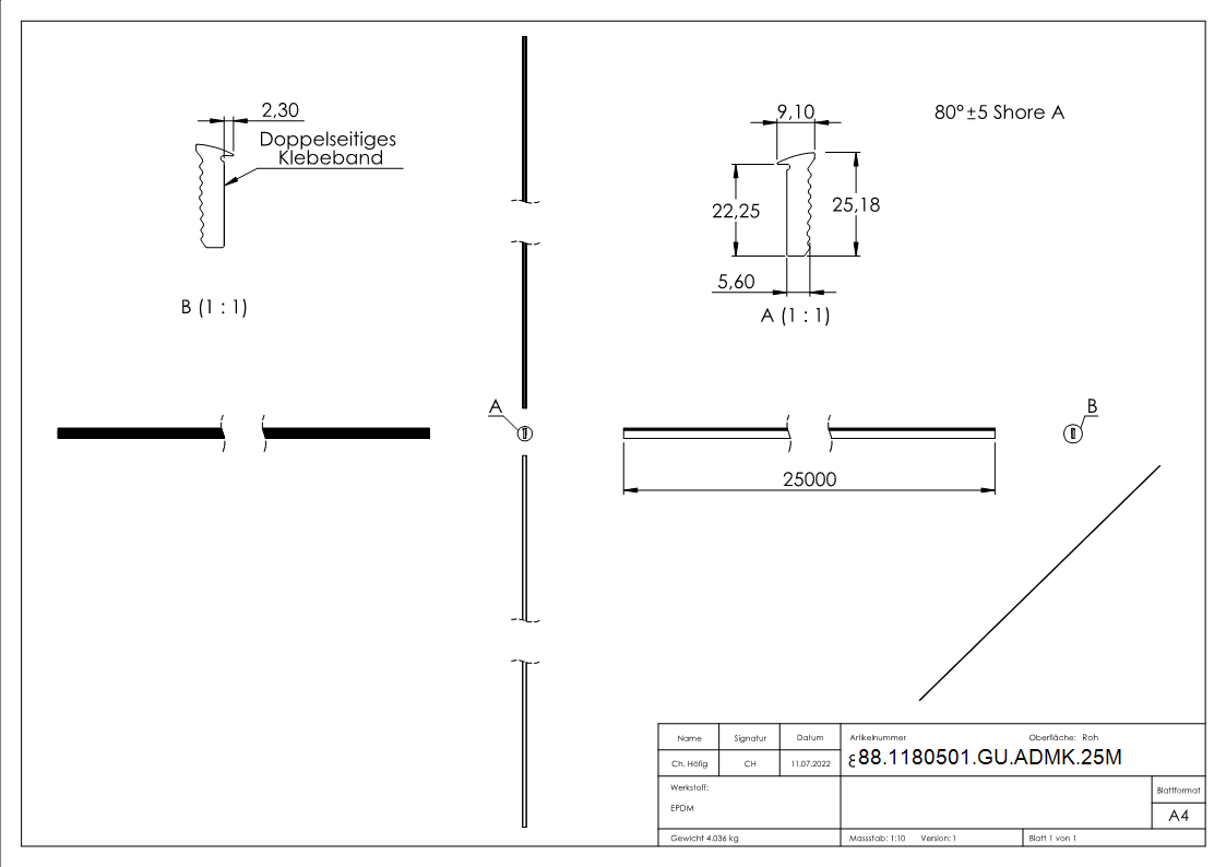 Abschlussdichtung EPDM fuer Glas 16-76–17-52 mm- L = 25 m- schwarz- selbstklebend-88-1180501-GU-ADMK.25M